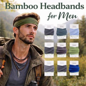 May include: The image showcases a man wearing a green bamboo headband, with the text "Bamboo Headbands for Men" at the top. Several packaged headbands in various colors are displayed, including gray, blue, and green.