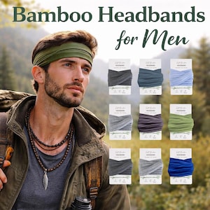 以下が含まれることがあります： 「Bamboo Headbands for Men」のテキストが入った、グリーンのヘアバンドを着用した男性の画像。グレー、ブルー、グリーンなど、さまざまな色のパッケージされたヘアバンドも表示されています。ヘアバンドは柔らかい竹製です。