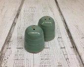 Handmade Pottery Salt Pepper Shakers, Green Patina Glaze, 2.75 quot