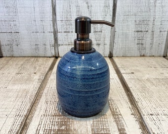 Blue Handmade Pottery Soap Pump, Ceramic, Lotion Dispenser, Hand Soap, Dish Soap, Soap Dispenser, Bronze Hardware, Blueberry Glaze 18oz
