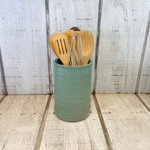 Green Handmade Pottery Large Utensil Holder, Stoneware Vase, Ceramic Storage Crock, KJF Pottery, Kentucky Made, USA, Green Patina Glaze 8”