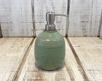 Green Handmade Pottery Soap Pump, Stoneware, Ceramic, Lotion Dispenser, Hand Soap, Dish Soap, Soap Dispenser, Green Patina Glaze 18oz