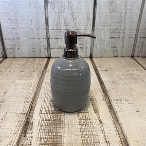 Grey Handmade Pottery Soap Pump, Stoneware, Ceramic, Lotion Dispenser, Hand, Dish Soap, Soap Dispenser, Bronze Hardware, Gray Glaze 18oz