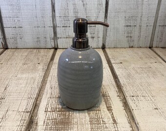 Grey Handmade Pottery Soap Pump, Stoneware, Ceramic, Lotion Dispenser, Hand, Dish Soap, Soap Dispenser, Bronze Hardware, Gray Glaze 18oz