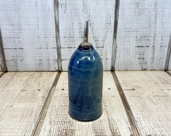 Blue Handmade Pottery Pourer, Cruet, Olive Oil Bottle, Oil Dispenser, Vinegar, Liquor, Mystery Blue Glaze, 12oz