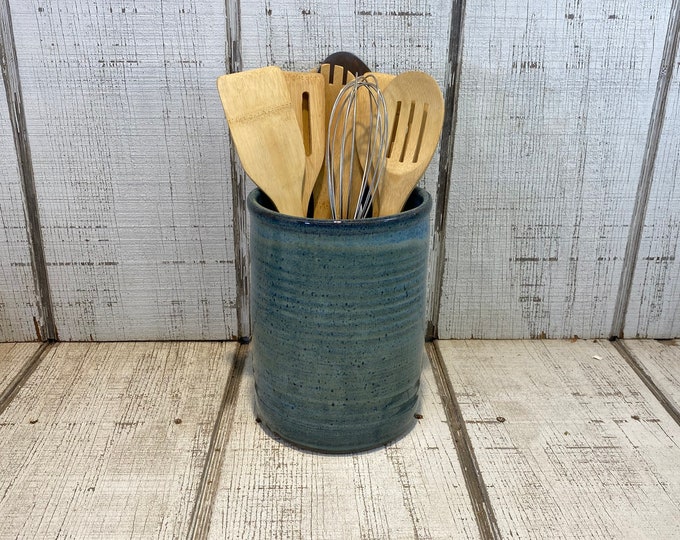 Blue Handmade Pottery Utensil Holder Stoneware Vase Ceramic Etsy