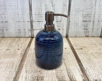 Handmade Pottery Soap Pump, Stoneware, Ceramic, Lotion Dispenser, Hand, Dish Soap, Soap Dispenser, Bronze Hardware Mystery Blue Glaze 18oz