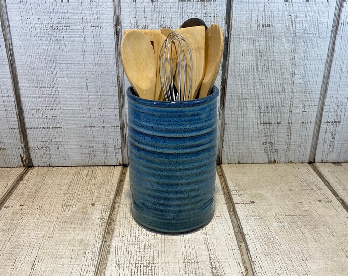 Blue Handmade Pottery Utensil Holder Stoneware Vase Ceramic Etsy