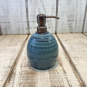 Blue Handmade Pottery Soap Pump, Stoneware, Ceramic, Lotion Dispenser, Hand Soap, Dish Soap, Bronze Hardware, Floating Blue Glaze, 18oz