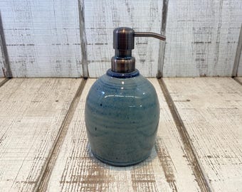 Handmade Pottery Soap Pump, Stoneware, Ceramic, Lotion Dispenser, Hand, Dish Soap, Soap Dispenser, Bronze Hardware Mystery Blue Glaze 18oz