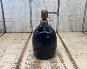 Handmade Pottery Soap Pump, Stoneware, Ceramic, Lotion Dispenser, Hand Soap, Dish Soap, Midnight Blue Black Glaze, Bronze Hardware, 18oz