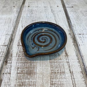 Blue Handmade Pottery Spoon Rest, Cooking, Kitchen Organization, Decor, KJF Pottery, Made in Kentucky, USA, Mystery Blue Glaze, 5.25”