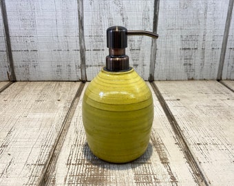 Handmade Pottery Soap Pump, Stoneware, Ceramic, Lotion Dispenser, Hand Soap, Dish Soap, KJF Pottery, Bronze Hardware, Yellow Glaze, 18oz