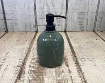 Green Handmade Pottery Soap Pump, Stoneware, Ceramic, Lotion Dispenser, Hand, Dish, Dispenser, Dark Green Glaze, Black Hardware, 18oz