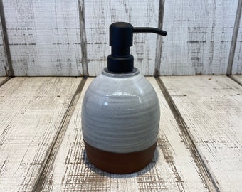 White Handmade Pottery Soap Pump, Stoneware, Ceramic, Lotion Dispenser, Hand, Dish Soap, Soap Dispenser, Black Hardware, White Glaze, 18oz