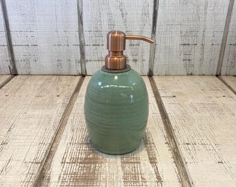 Green Handmade Pottery Soap Pump, Stoneware, Ceramic, Lotion Dispenser, Hand Soap, Dish Soap, Soap Dispenser, Copper Green Patina Glaze 18oz