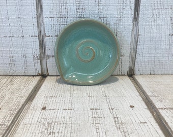 Green Handmade Pottery Spoon Rest, Cooking, Kitchen Organization, Decor, Green Patina Glaze, 5.25”