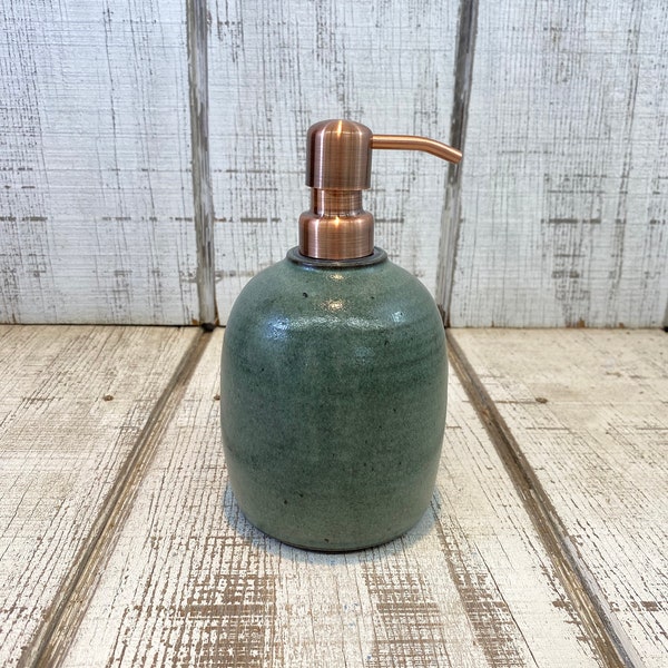 Green Handmade Pottery Soap Pump, Stoneware, Ceramic, Lotion Dispenser, Hand, Dish, Dispenser, Dark Green Glaze, Copper Hardware, 18oz