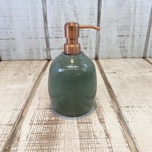 Green Handmade Pottery Soap Pump, Stoneware, Ceramic, Lotion Dispenser, Hand, Dish, Dispenser, Dark Green Glaze, Copper Hardware, 18oz