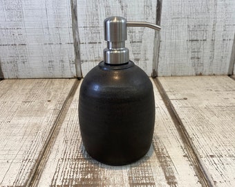 Black Handmade Pottery Soap Pump, Stoneware, Ceramic, Lotion Dispenser, Hand Soap, Dish Soap, Matte Black Glaze, 18oz