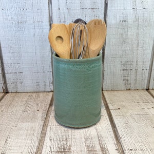 Green Handmade Pottery Large Utensil Holder, Stoneware Vase, Ceramic Storage Crock, Green Patina Glaze, 8”