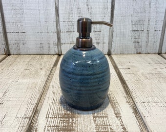 Blue Handmade Pottery Soap Pump, Stoneware, Ceramic, Lotion Dispenser, Hand Soap, Dish Soap, Bronze Hardware, Floating Blue Glaze, 18oz