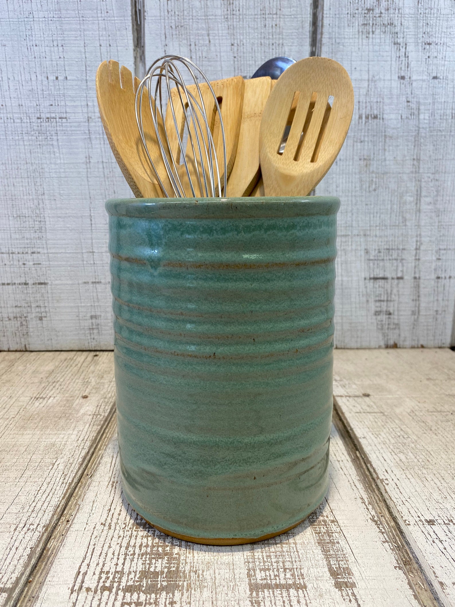 Green Handmade Pottery Large Utensil Holder Stoneware Vase Etsy