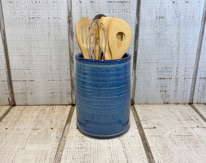Blue Handmade Pottery Utensil Holder, Stoneware Vase, Ceramic Storage