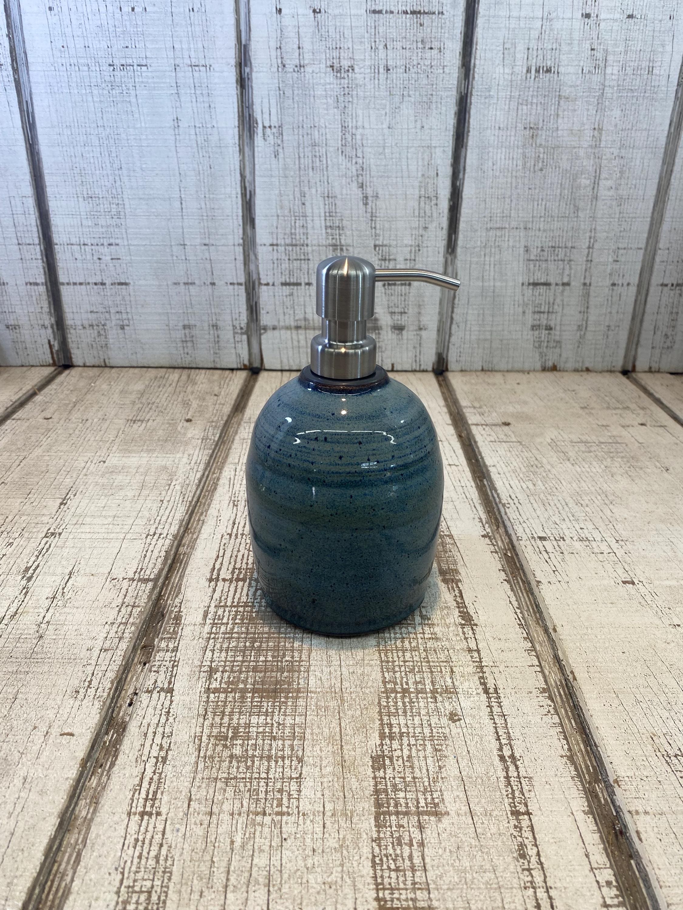 Blue Handmade Pottery Soap Pump, Stoneware, Ceramic, Lotion Dispenser,…