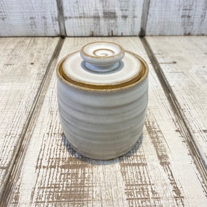 White Glazed Handmade Stoneware Pot, Lidded Pottery Jar, Ceramic Canister, Sugar Jar, Kitchen Storage, KJF Pottery, USA, White Glaze, 4.5”