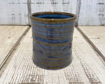 Blue Glazed Handmade Tumbler, Wheelthrown Ceramic Cup, Stemless Wine Glass, Stoneware, Mystery Blue Glaze, 10oz