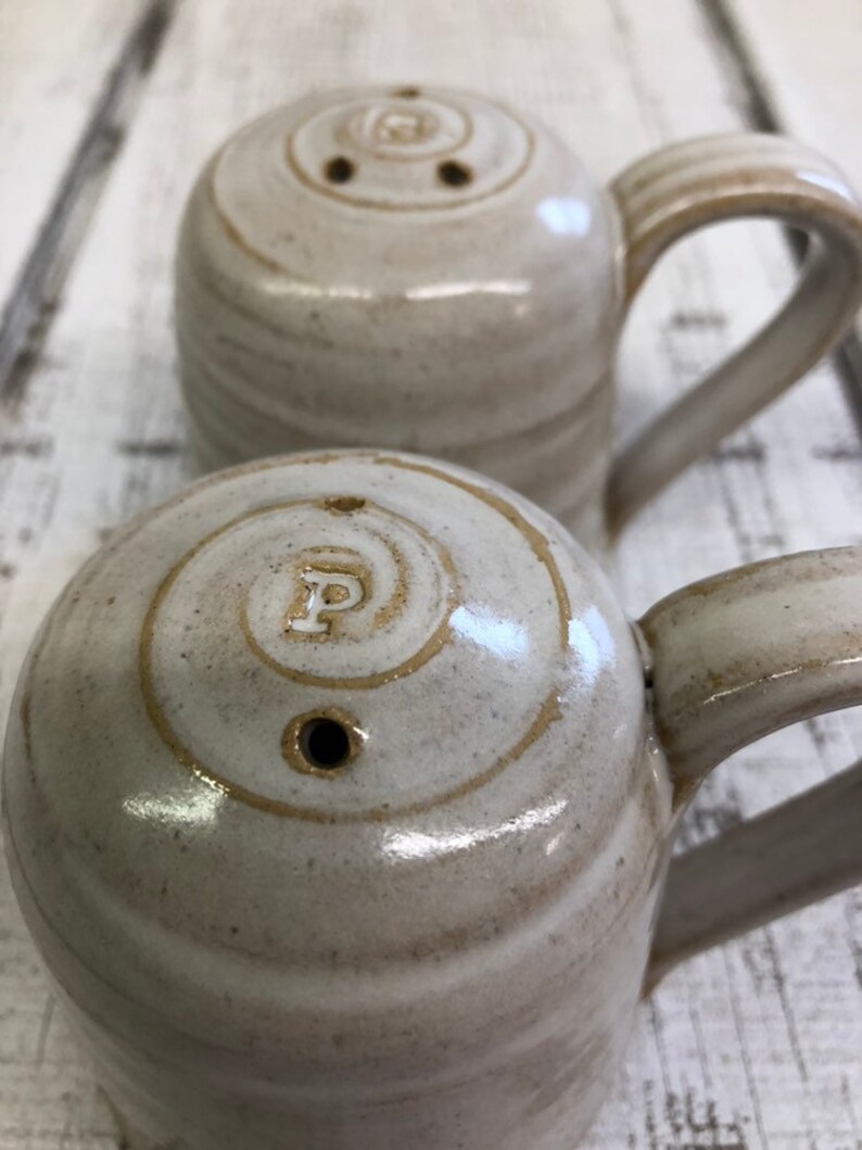 White Glaze 3 Stoneware White Handmade Pottery Ceramic Salt /& Pepper Shakers With Handles