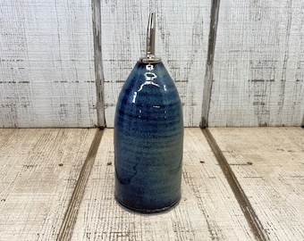 Blue Handmade Pottery Pourer, Cruet, Olive Oil Bottle, Oil Dispenser, Vinegar, Liquor, Dark Red Clay, KJF Pottery, Mystery Blue Glaze, 12oz