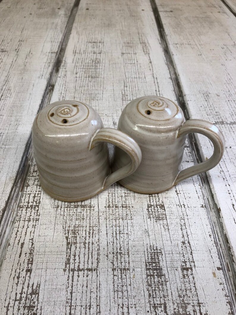 White Glaze 3 Stoneware White Handmade Pottery Ceramic Salt /& Pepper Shakers With Handles