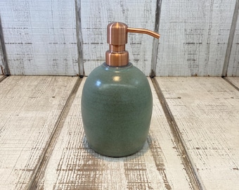 Green Handmade Pottery Soap Pump, Stoneware, Ceramic, Lotion Dispenser, Hand, Dish, Dispenser, Dark Green Glaze, Copper Hardware, 18oz