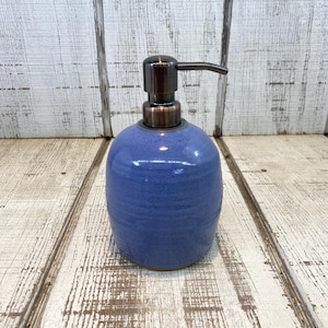 Blue Handmade Pottery Soap Pump, Lotion, Hand Soap, Dish Soap, Sapphire Blue Glaze, Bronze Hardware, 18oz