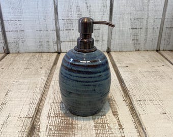 Handmade Pottery Soap Pump, Stoneware, Ceramic, Lotion Dispenser, Hand, Dish Soap, Soap Dispenser, Bronze Hardware Mystery Blue Glaze 18oz