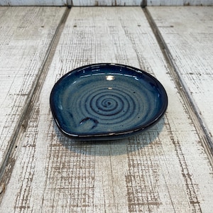 Blue Handmade Pottery Spoon Rest, Cooking, Kitchen Organization, Decor, KJF Pottery, Kentucky, USA, Spiral, Mystery Blue Glaze, 5.25”