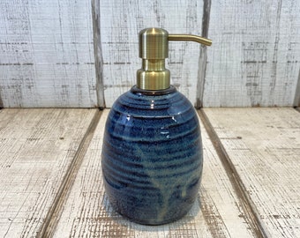 Blue Handmade Pottery Soap Pump, Stoneware, Ceramic, Lotion Dispenser, Hand Soap, Dish Soap, Soap Dispenser, Brass, Mystery Blue Glaze 18oz