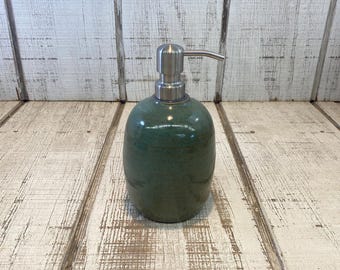 Green Handmade Pottery Soap Pump, Stoneware, Ceramic, Lotion Dispenser, Hand, Dish, Soap Dispenser, KJF Pottery, Green Glaze, 18oz