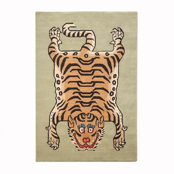 Tibetan Tiger Rug, Handtufted Green Rectangle Wool Tibetan Tiger Rug, Soft & High Pile Rug, Ready to Ship, Meditation Rug, Free Shipping