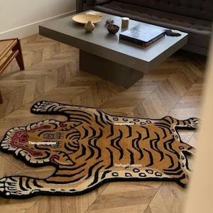 Tibetan Tiger Rug Handmade Wool Animal Shape Area Rug Kids Play Room Brown & Black Color Tiger Rug Best Gifts for Dad Luxurious Home Decor