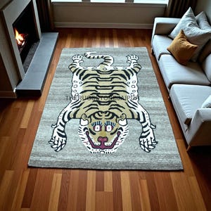 Hand-Tufted Tibetan Tiger Rug – Wool & Cotton Area Rug with Brown Base, Animal Carpet for Living Room or Bedroom, Aesthetic Rug