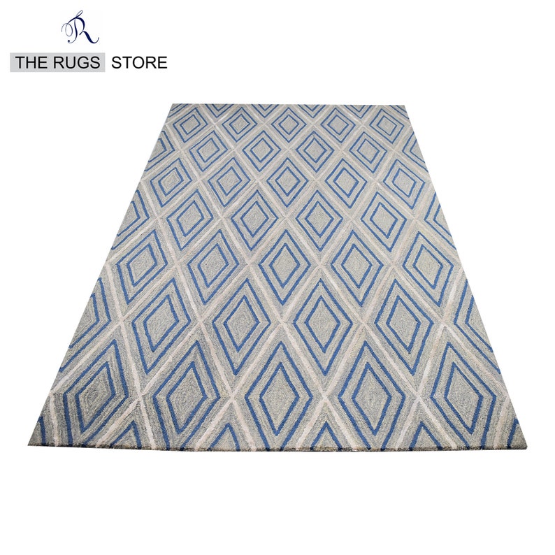 Hand tufted Wool Geometric Design Rug with Soft Pile of Grey & Blue Rug Luxurious Home Decor Ellington Rug Aesthetic Rug Artistic Rug living room rug