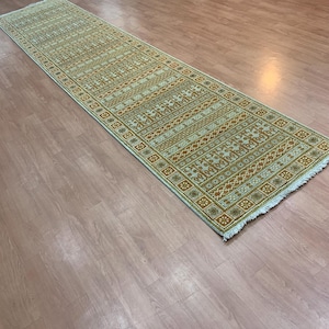 Tapis de couloir Oushak en laine noué à la main : motif traditionnel vintage, tapis extra long pour entrée