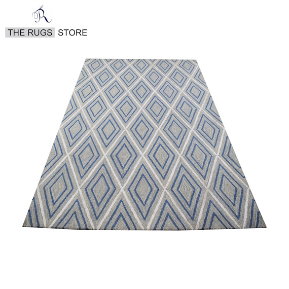 Geometric Design Rug Hand-Tufted Wool Area Carpet Artistic Modern Blue Grey Color Block Design