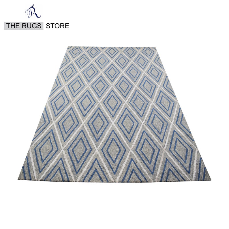 Hand tufted Wool Geometric Design Rug with Soft Pile of Grey & Blue Rug Luxurious Home Decor Ellington Rug Aesthetic Rug Artistic Rug living room rug