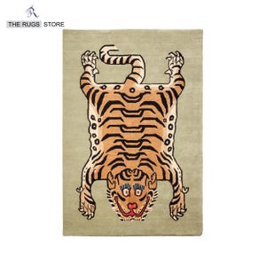 Tibetan Tiger Rug, Handtufted Green Rectangle Wool Tibetan Tiger Rug, Soft & High Pile Rug, Ready to Ship, Meditation Rug, Free Shipping