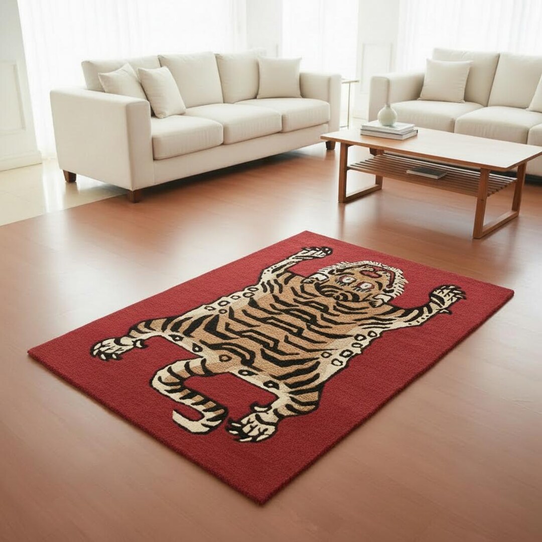 Tibetan Tiger Design Hand Tufted Maroon Wool Animal Print Exotic Home ...