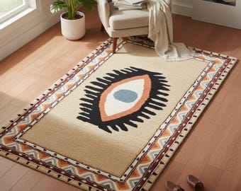 Evil Eye Rug, Hand Tufted Wool Rugs 3x5 Feet, Illuminati Symbol, Boho Welcome Mat